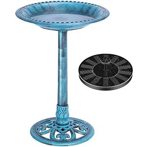 VIVOHOME Polyresin Antique Outdoor Blue Garden Bird Bath and Solar Powered Round Pond Fountain Combo Set