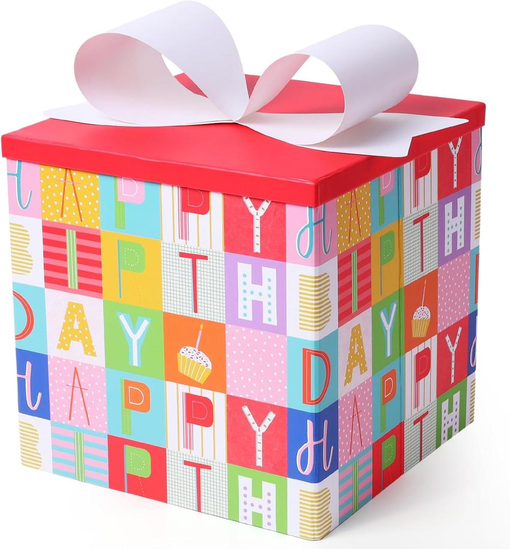 BIOBROWN Medium Birthday Gift Boxes with Lids for Presents, 9x9x9 Inches Colorful Block Design Collapsible Gift Box for Birthday, Baby Shower, Party