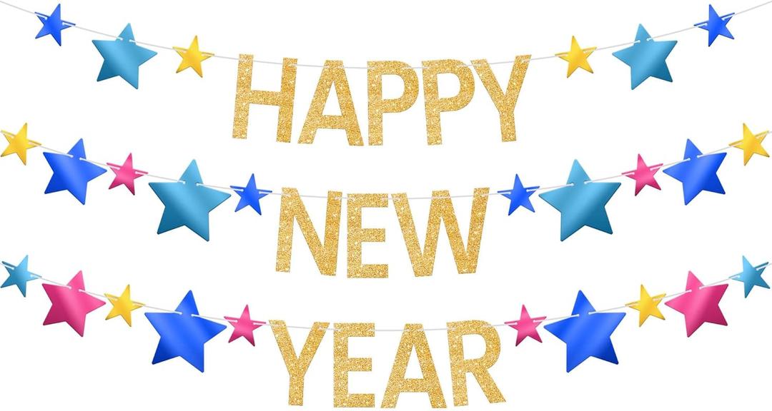 KatchOn Gold Glitter Happy New Year Banner - 3 Strings | Happy New Year Sign for Happy New Years Decorations 2026 | Gold Banner for New Years Eve Party Supplies 2026 | NYE Decorations 2026 (Gold and Blue)