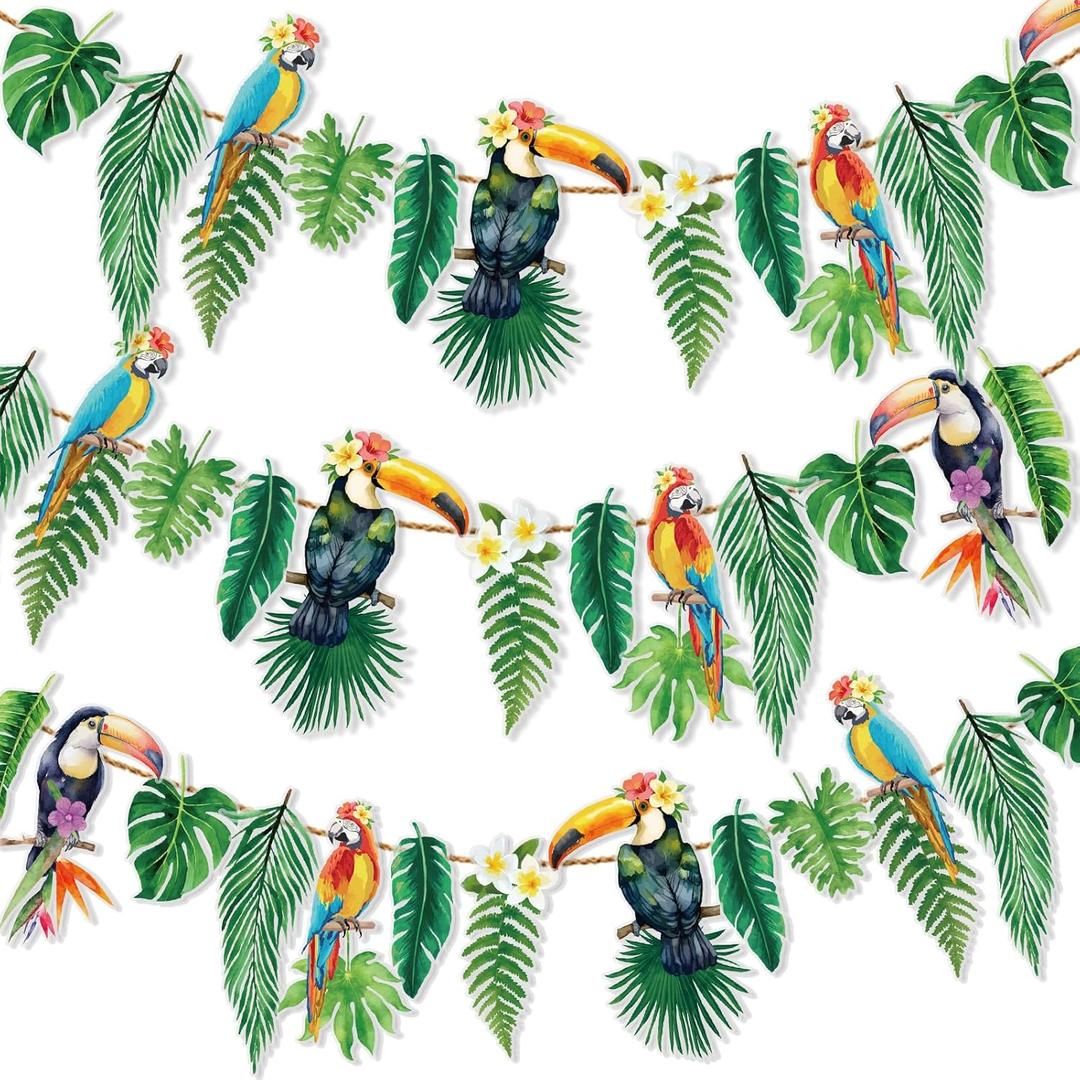 Tropical Banner Hawaiian Garland 2 Pack 6.6FT, Luau Party Decorations, Hawaiian Decorations with Palm Leaves & Parrot Tropical Birds Theme, Waterproof Garland for Summer Beach Pool Party Birthday Outdoor Décor