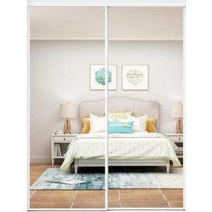 48 in. x 80 in. Mirror White Steel Frame Interior Closet Sliding Door with White Trim and Hardware Kit
