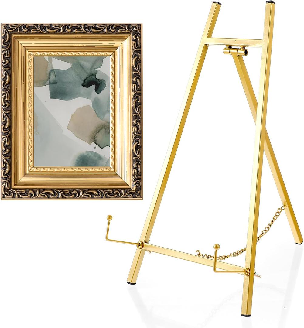 Gold Metal Easel Stand, 16.5" H x 8.7" W x 4.3" D Tabletop Easel Stand Holder Art Picture Tripod Mirror Modern Plate Holder for Display Book Photo Wedding Sign