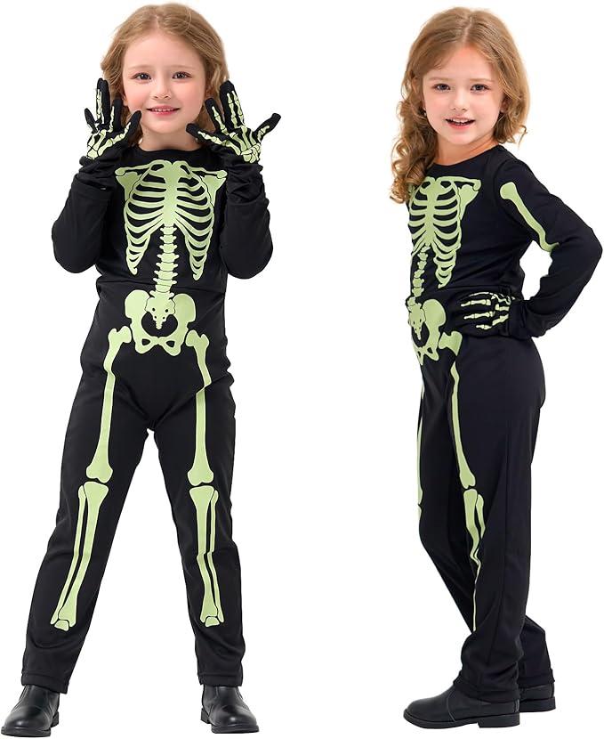 Kids Skeleton Costume Glow in the Dark Skeleton Costume Halloween Toddler Ghost Onesie with Gloves for Boys Girls 3-4