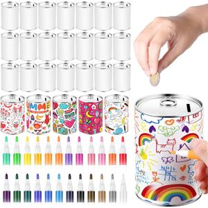 Tandefio 24 Pcs DIY Coin Piggy Bank Metal Money Piggy Bank Saving Box Operation with 24 Acrylic Paint Markers Craft for Creative Gift Boys Girls Birthday Party Supplies (White)