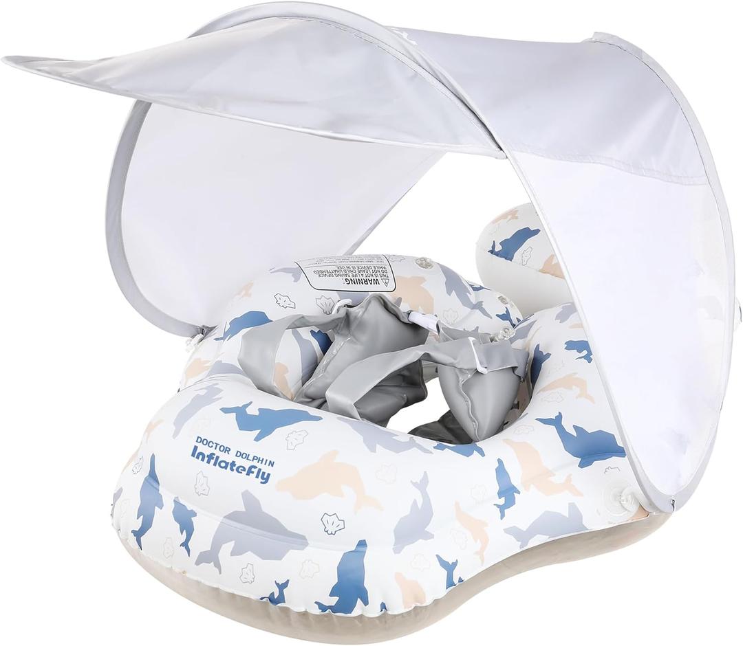 Baby Pool Float with Sun Canopy Inflatable Toddler Swimming Float with Anti-Backflip Tail Infant Pool Floaties for Ages of 6-30 Months (X-Large, Camo)