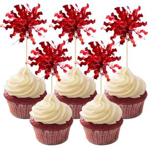 Gyufise 30Pcs Foil Firework Cupcake Toppers Sparkle Tinsel Cake Toppers Tinsel Drink Cake Decoration Cocktail Picks for Birthday Wedding Graduation Party Supplies Red