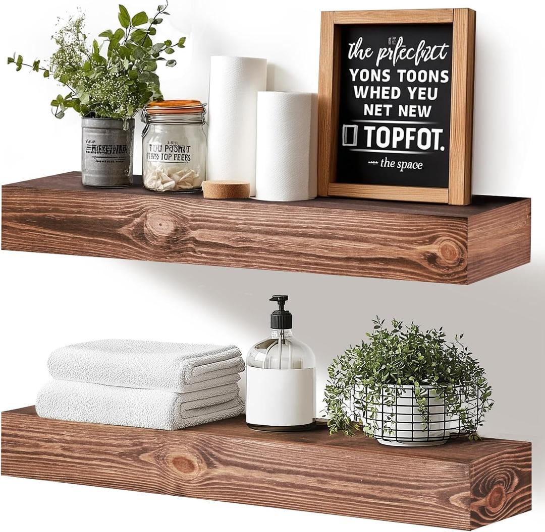 24x3x7 inch Floating Shelves Wall Mounted - Set of 2 Brown Rustic Solid Wood Wall Shelf - Heavy Duty Decorative Fireplace Mantel for Living Room, Bedroom, Bathroom, Kitchen