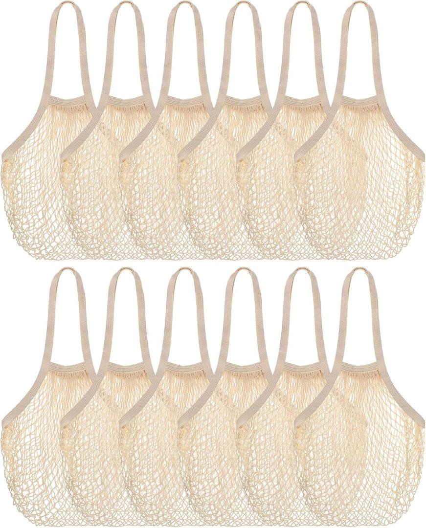 Eccliy 12 Pieces Farmers Mesh Grocery Bag Beach Bags Bulk Reusable Cotton Net Aesthetic Portable Tote with Handles for Fruit Vegetable(Beige)