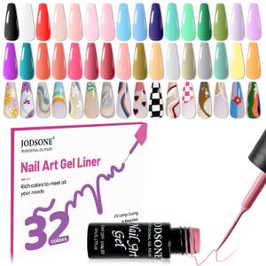 JODSONE Gel Polish Nail Art Gel Liner Set 32 Colors Orange Grey Pink Green Blue White Black Need U V Lamp Cured with Thin Brush,Nail Art Gifts for Women