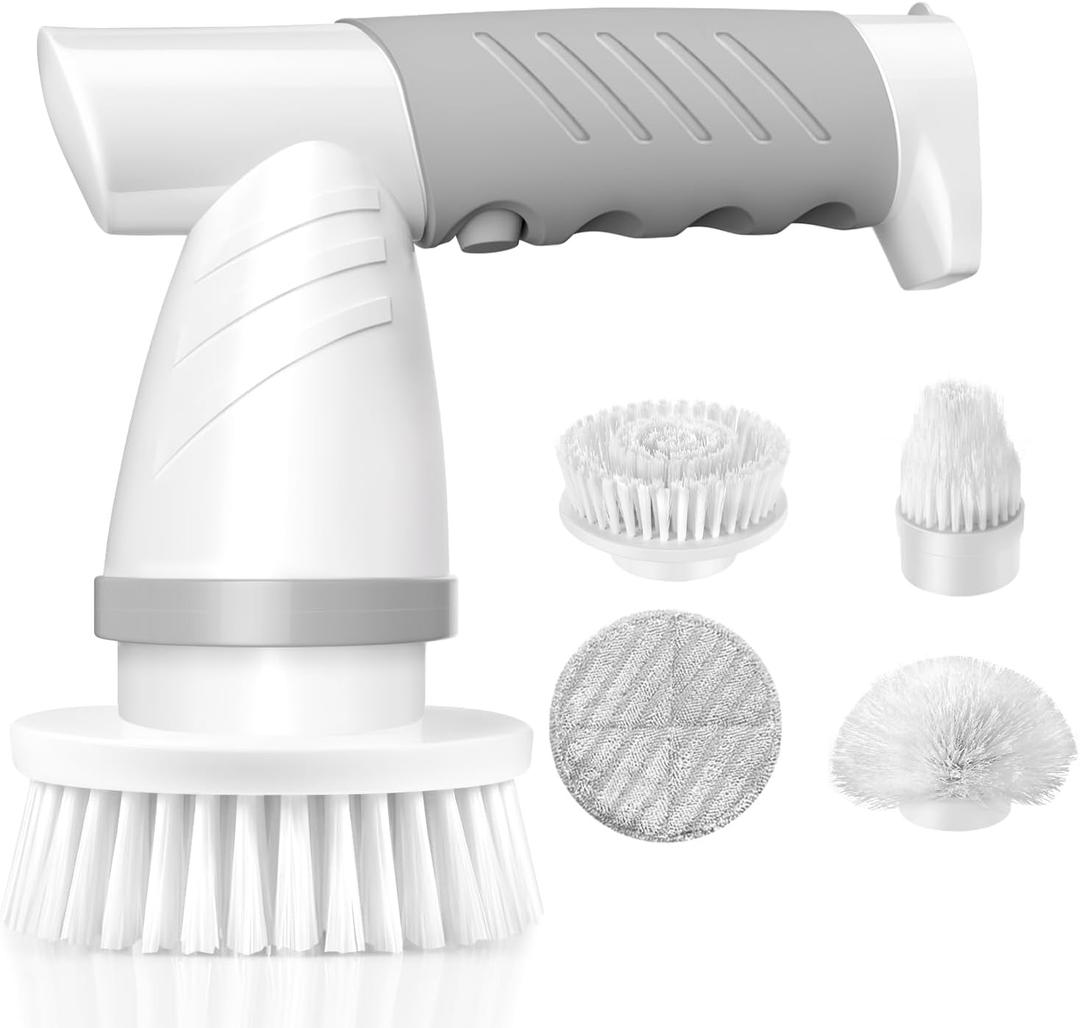 Electric Spin Scrubber, Bathroom Shower Electric Scrubber for Cleaning Tub/Tile/Floor/Sink/Window, Power Cleaning Brush Rechargeable Cordless with 4 Replaceable Cleaner Brush Heads (01 Classic Grey)