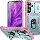 for Samsung Galaxy S25 FE Case with All-Angle Rotating Kickstand & Sliding Camera Cover - Heavy Duty Shockproof Protective Cover, Green Pink
