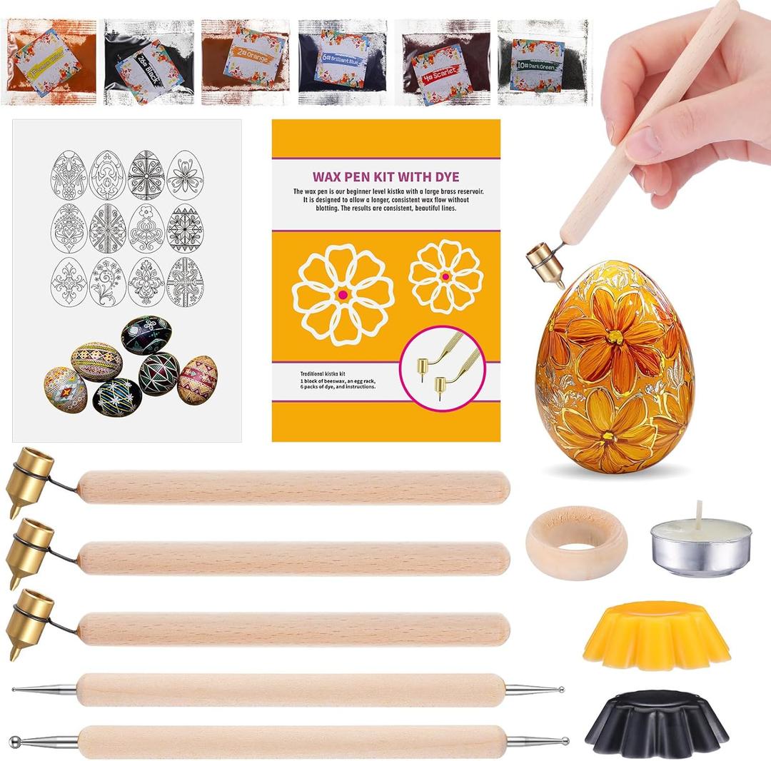 Yexiya 16 Pcs Ukrainian Easter Egg Decorating Kit Pysanky 0.3 0.4 0.5mm Kistka Pen 2 Double Sided Drop Pull Tool Stand Candle Beeswax Instructions 6 Dyes for Color Easter Egg DIY Craft Set