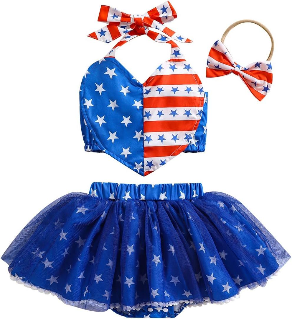 4th of July Baby Girl Outfit American Flag Halter Tank Cami Top Tulle Skirt Headband Fourth of July Clothes (0-3 Months, Blue)