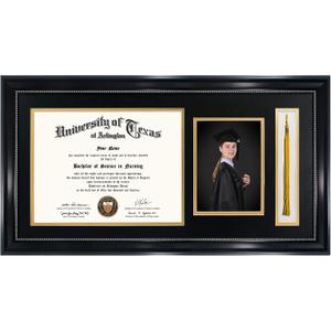 GraduationMall 11x22 Black Diploma Frame with Tassel Holder and Picture for 8.5x11 Certificate 5x7 Photo,Real Glass,Black over Gold Mat, Black With Silver Beads