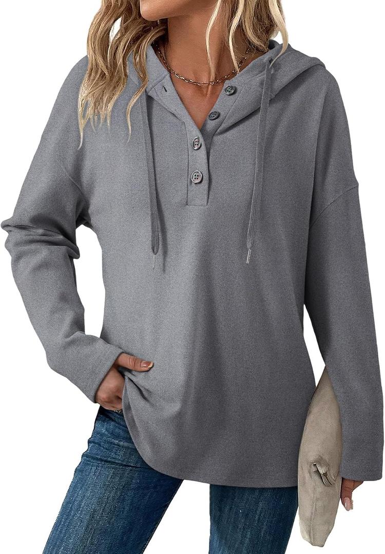 Dokotoo Hoodies for Women Long Sleeve Drawstring Button V Neck Fleece Casual Lightweight Pullover Sweatshirt Hooded Tops (Gray, S)