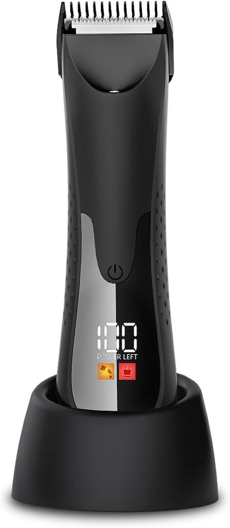 Groin Hair Trimmer - Electric Manscape Trimmer for Men, Waterproof Ball Trimmer for Pubic/Body/Groin Grooming with Ceramic Blade, LED Light, Charging Base (Black)