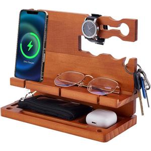 Wood Phone Docking Station Nightstand Organizer Cell Phone Stand Watch Holder Wallet Station Desk Organizers Gifts for Husband Dad Anniversary Birthday for Men