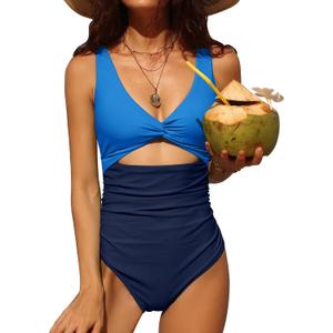 Charmo Women's One Piece Swimsuit Ruched Tummy Control High Cut Backless V Neck Bathing Suits Swimwear (Large, 5g# Navy Color Block)