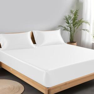 LINENWALAS Tencel Lyocell Fitted Sheet Only with Secure Snug Fit All Around Elastic 16 Inches Deep Pocket - Softest Cooling Eucalyptus Silk Bedding (White, Full)