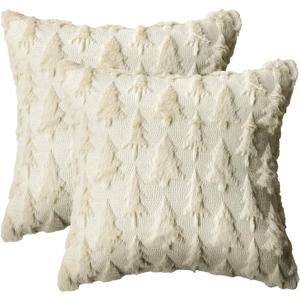 AVOIN colorlife Christmas Trees Beige Throw Pillow Covers Set of 2, 18 x 18 Inch Soft Plush Faux Fur Jacquard Festivals Winter Bedroom Cushion Case Decoration for Sofa Couch