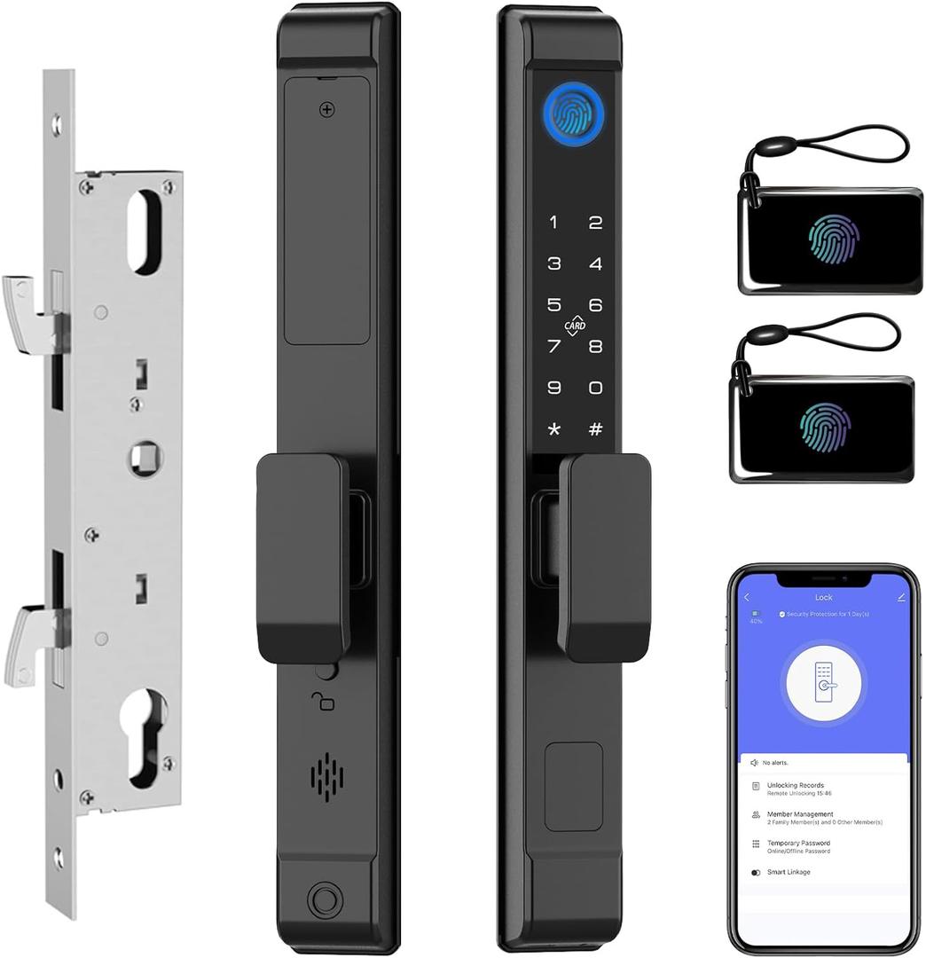Sliding Glass Door Lock eLinkSmart Slim Smart Mortise Lock with Hook, Waterproof Keyless fit Thickness 22~110mm Aluminum Keypad for Patio Door Fingerprint Tuya App