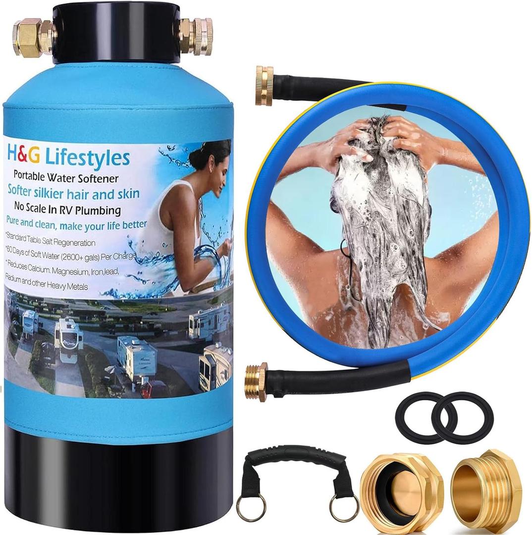 H&G lifestyles Portable Water Softener for RV with Water Hose, Food-Grade Resin 3/4" Brass Fittings 2600 Gallons Softens Hard Water Filtration System for Car Washing Pressure Washing H&G lifestyles Portable Water Softener for RV with Water Hose, Food-Grade Resin 3/4" Brass Fittings 2600 Gallons Softens Hard Water Filtration System for Car Washing Pressure Washing