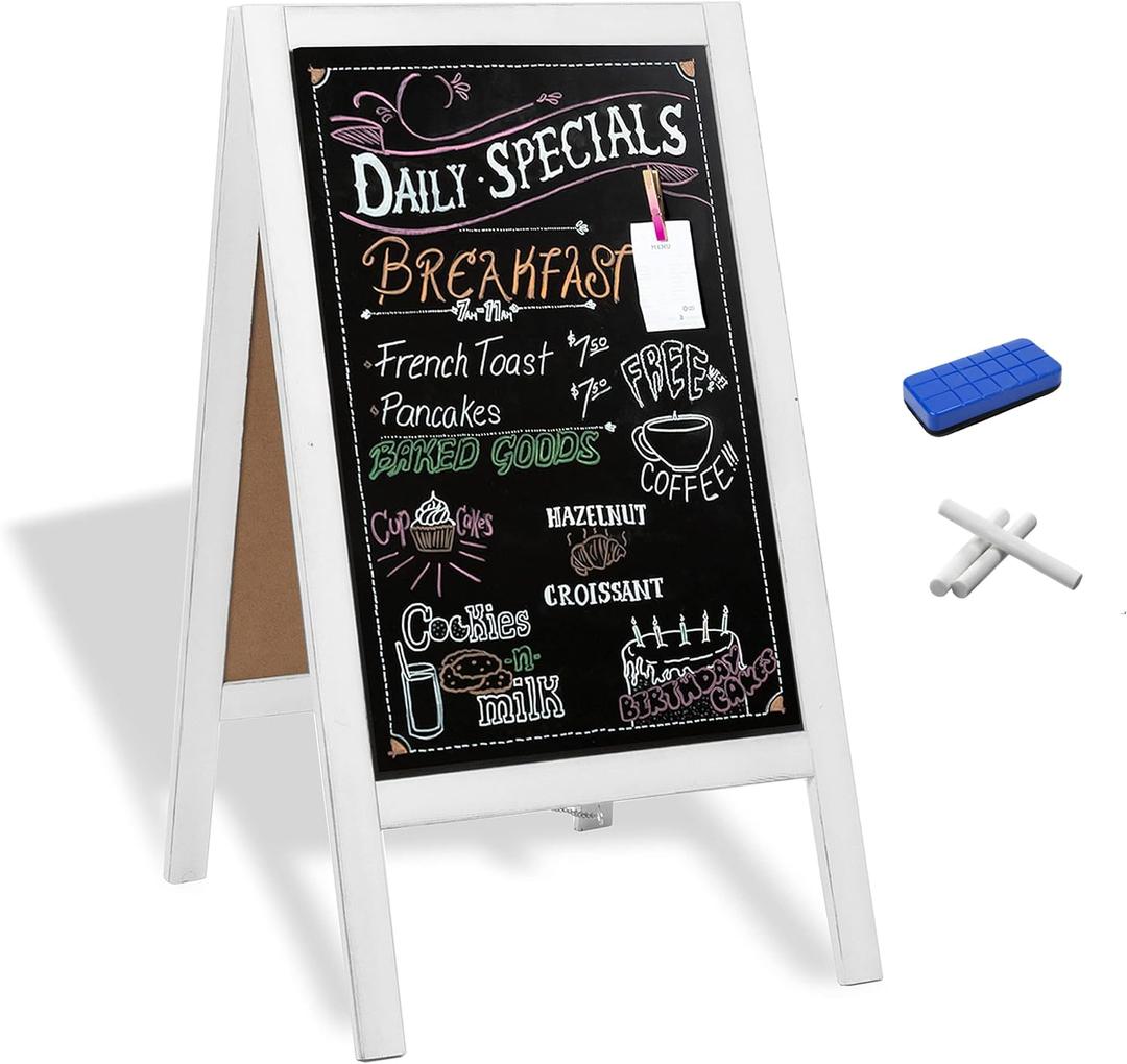 Ilyapa Wooden A-Frame Sign with Eraser & Chalk - 40 x 20 Inches Magnetic Sidewalk Chalkboard White Menu Display for Restaurant, Business Or Wedding