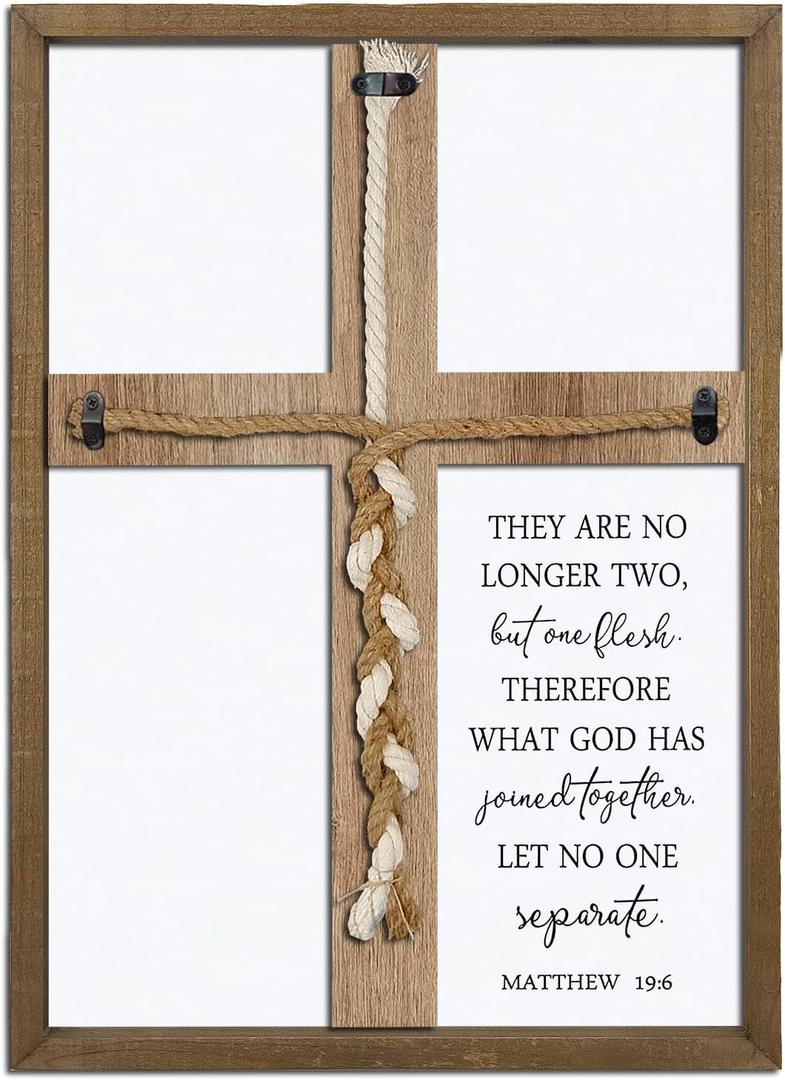 Matthew 19:6 What God Has Joined Sign 15"X10" Cord of Three Strands Braid for Wedding Ceremony Cross Ideas Wood Frame Christian Marriage Gifts Decor for Couple Anniversary Religious (Wood)
