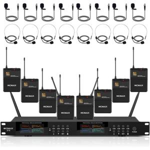 Lapel Wireless Microphone System with Headset & Lavalier Mics, Pro 8 Channel UHF Mics Set with Bodypack Transmitter & Metal Receiver, 200 Adjustable Frequency, 300ft Range for Church, Party