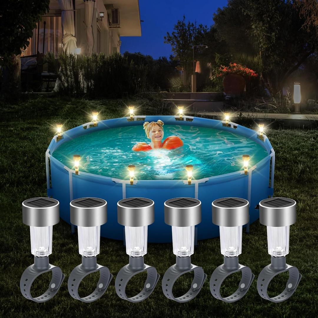Pool Lights for Above Ground Pools, Energy Saving Waterproof LED Pool Solar Lights, Warm White Light at Night Decor for Frame Swimming Pools, Trampoline, Pool Enclosure Lighting Decor (6PCS) (Clear)