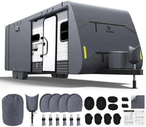 Fonzier RV Cover 15-18ft: Extra Thick 7 Layers Travel Trailer Cover with 4 Tire Covers, Waterproof Camper Cover, Extra Windproof Ropes, Gutter Cover, Rip-Stop Anti-UV