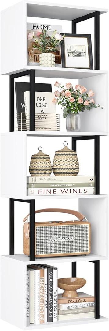 Yusong Bookshelf 5-Tier, Geometric Bookcase S Shaped Book Shelves for Bedroom, Modern Wood Decorative Display Shelf Book Case for Home Office, White and Black