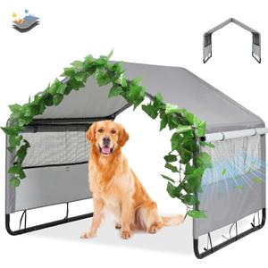 Large Dog House Shade Shelter Outdoor Tent for Large Medium Dogs, Outside Sun Rain Canopy Pet House for Homeless Cats Pigs Livestock with Rainproof Cover with Artificial Grapevine Leaves
