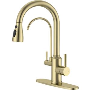APPASO Kitchen Faucet with Water Filter (Without Water Filtration Device), 2 Handle 3 Way Gold Kitchen Sink Faucet, High Arch 3 Hole Kitchen Faucet with Pull Down Sprayer - 3 in 1 Faucet