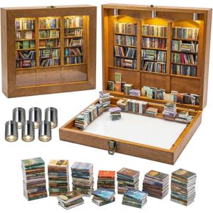 Anxiety Bookshelf with 6 Decorative Mini Lights and 400 Mini Book Pieces, Miniature Bookshelf, Book Organizer for Office Desk, Library Decor for Tiny Home and Bookish Spaces, 10.2 x 9.1 x 3.1 in