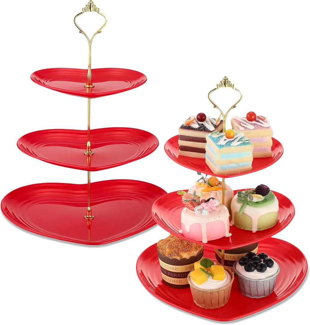 Layhit 2 Pack Valentine's Day 3 Tier Cupcake Stand Heart Shaped 3 Tiered Serving Trays for Party Plastic Tray Dessert Cupcake Stand for Tea Party Baby Shower Wedding (Red)