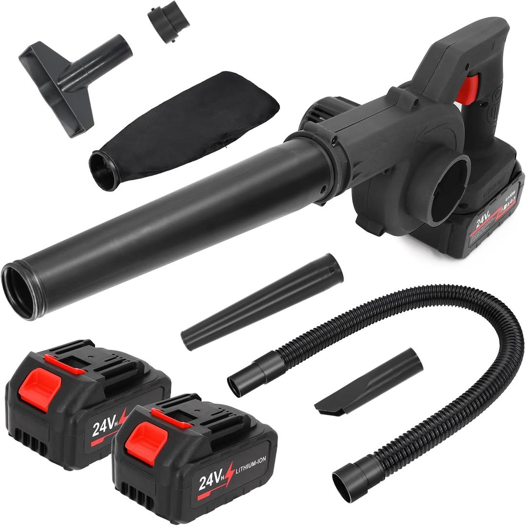 Leaf Blower Cordless 24V with 2 Batteries & Charger, Handheld Electric Leaf Vacuum, Powerful Lightweight Blower for Lawn Care, Patio, Deck, Garage, Dust, Snow Removal, and Outdoor Cleaning (Black)