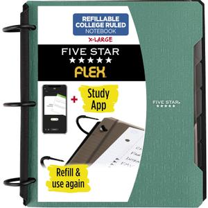 Five Star Flex Refillable Notebook + Study App, College Ruled Paper and 1-1/2 Inch TechLock Ring Binder with Pockets, Tabs and Dividers, 300 Sheet Capacity, Seaglass Green (29324AQ8)