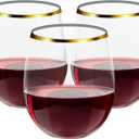 FOCUSLINE 32 Pack 12 OZ Plastic Wine Glasses, Stemless Disposable Wine Cups, Gold Rim Unbreakable Wine Glasses, Reusable Shatterproof Recyclable and BPA-Free Plastic Wine Cups