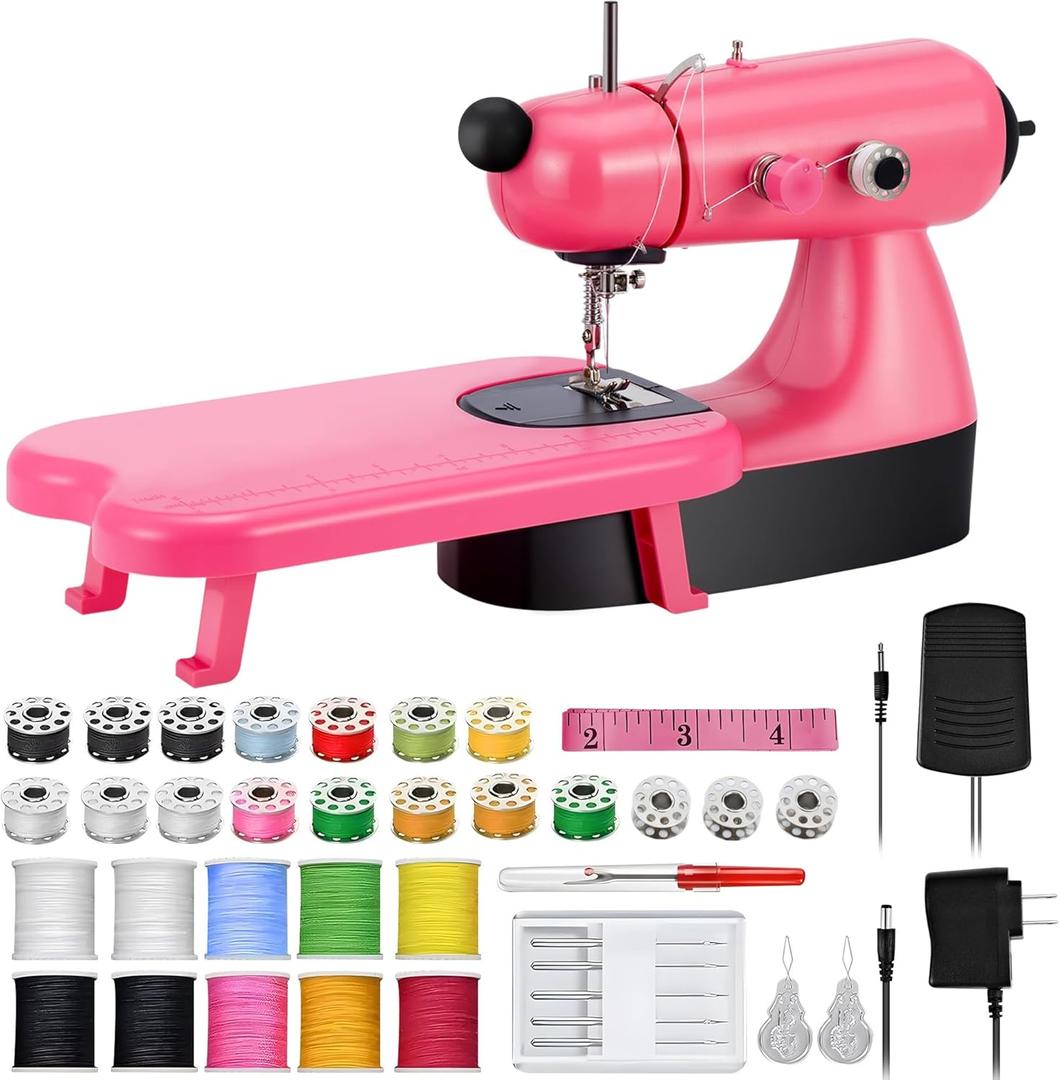 Flying Banana Mini Sewing Machine for Beginners, Girls Sewing Machine Ages 8-12 Kids, Lightweight Small Electric Maquina De Coser with Extension Table, LED Light, Pink