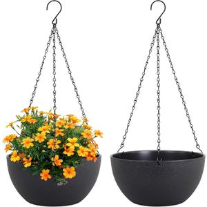 10 inch Hanging Planters for Indoor Outdoor Plants, 2 Pack Hanging Flower Pots with Drainage Holes and Chain for Garden Porch, Round Plastic Hanging Baskets for House Plants, Black