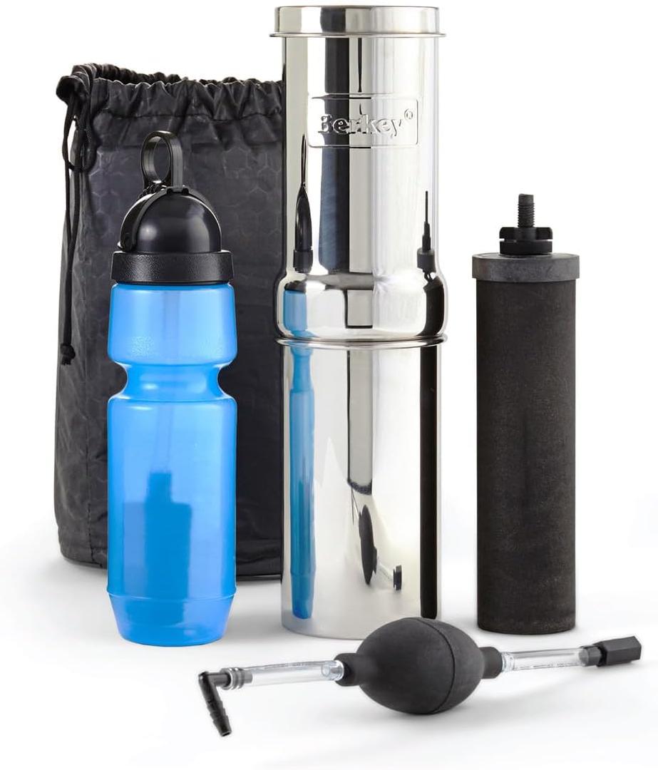 Go Water Filter Kit with 1 Qt. Berkey Gravity Fed Water Filter System, Sport Bottle and Black Primer