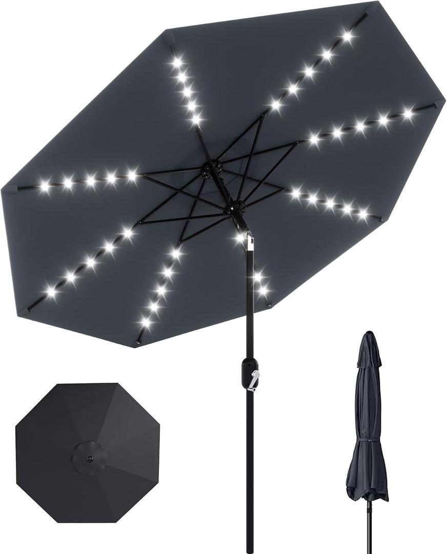 GarveeLife 10 ft Patio Umbrella with Solar Lights, 8 Ribs Outdoor Market Table Umbrella with 40 LED Lights & Tilt Crank for Pool, Deck, Backyard, Gray