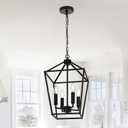 MELUCEE Farmhouse Chandelier 4 Lights Lantern Pendant Light in Black Finish Vintage Openwork Cage Hanging Light Ceiling for Kitchen Island Dining Room Hallway Entryway, E12 Base
