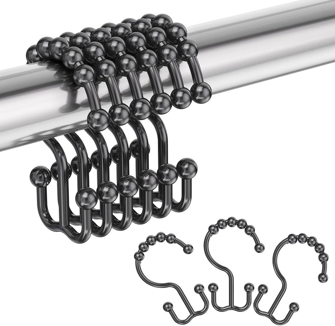 Amazer Plastic Shower Curtain Hooks, Black Shower Curtain Rings, 12Pcs Shower Hooks for Shower Curtain, Double Shower Rings, Bathroom
