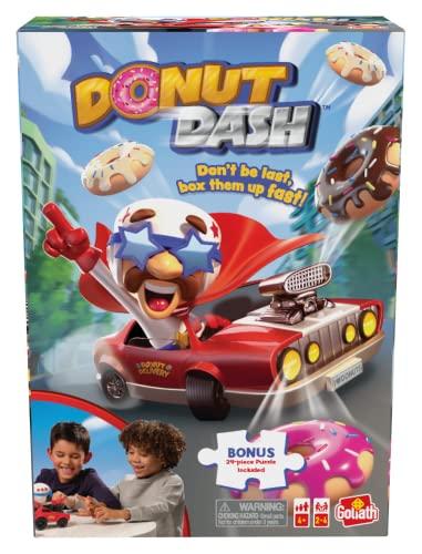 Goliath Donut Dash Game w/ 24pc Puzzle - Race to Pick Up Matching Donuts, Racecar Does Real Donuts On Table Or Hard Floor - Includes 24-Piece Puzzle