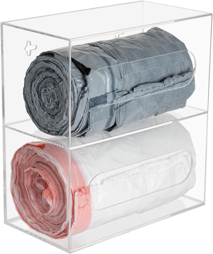 Trash Bag Dispenser Roll Holder Wall Mount and Under Sink, 2 Compartment Clear Acrylic Cabinet Kitchen Organizer Storage Box for Garbage Bags Grocery Bag Can Plastic Shopping Bag Container