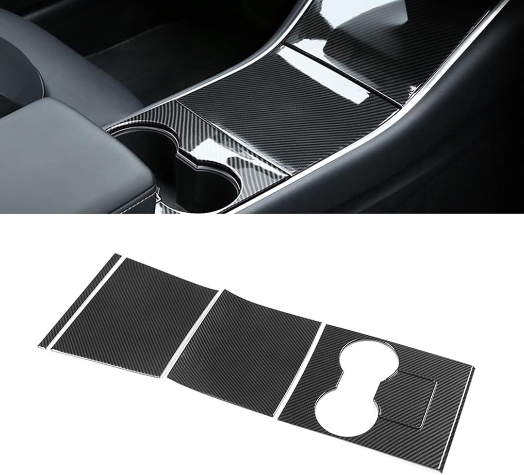x xotic tech Center Console Wrap Water Cup Holder Panel Cover Kit, ABS Carbon Fiber Pattern, Compatible with Tesla Model 3 Model Y 2017-2020