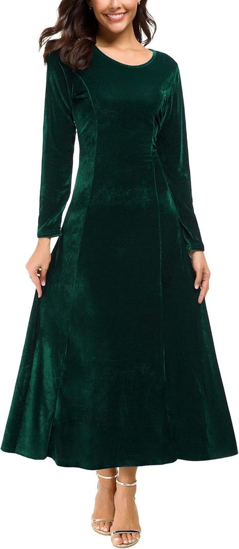 Urban CoCo Women's Elegant Long Sleeve Ruched Velvet Stretchy Long Dress (X-Large, Green)