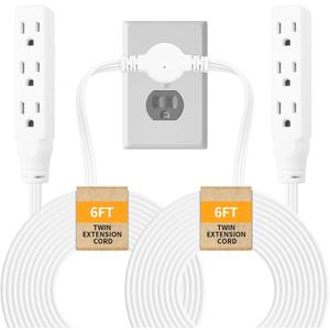 Twin Extension-Cord Power Strip - 12 ft - Flat Wall Plug - 3 Prong Split Extension Cord with 6 Outlets - Double Power Strip for Behind Bed, Couch, Nightstands, Vanity, Furniture (White)